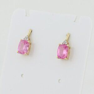 14k Yellow Gold Lab Created Pink Sapphire & Diamond Earrings Studs 5/8" x 1/4"